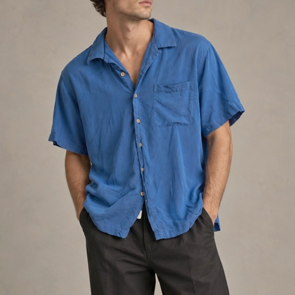 Vintage Silk Shirt XL Blue Waffle Camp Collar Hawaiian Men Resortwear Vacation